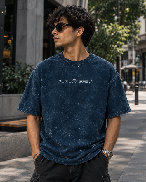 Antah Asti Prarambh Embosed Unisex Acid Washed Oversized Tee