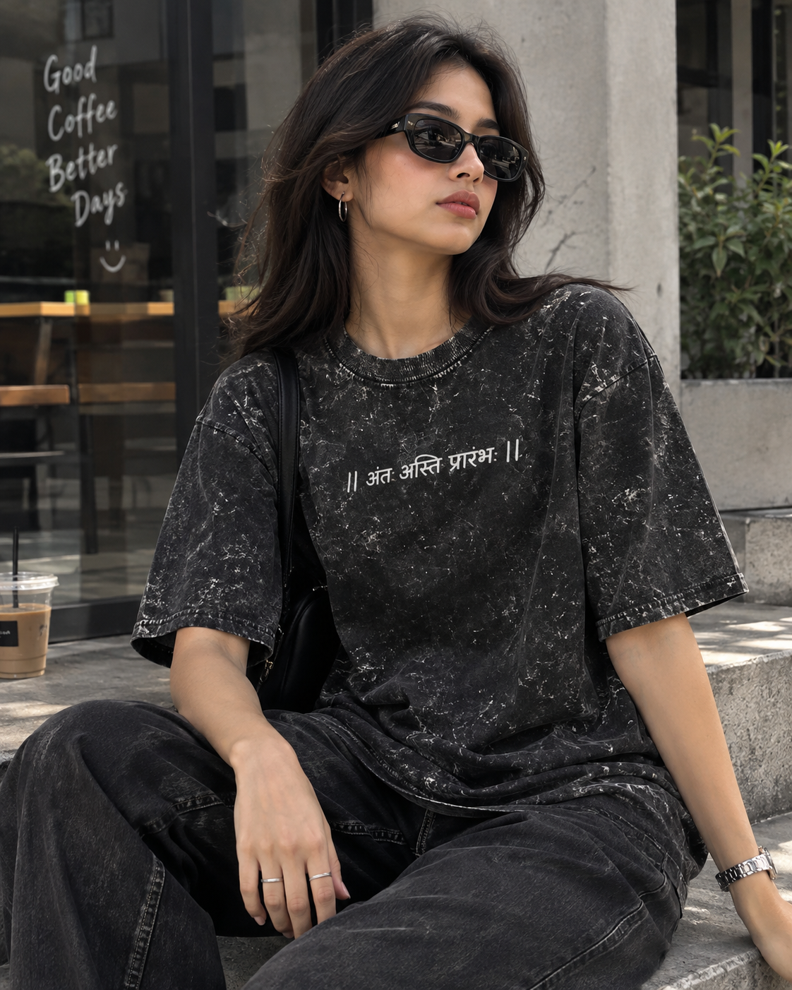 Antah Asti Prarambh Embosed Unisex Acid Washed Oversized Tee
