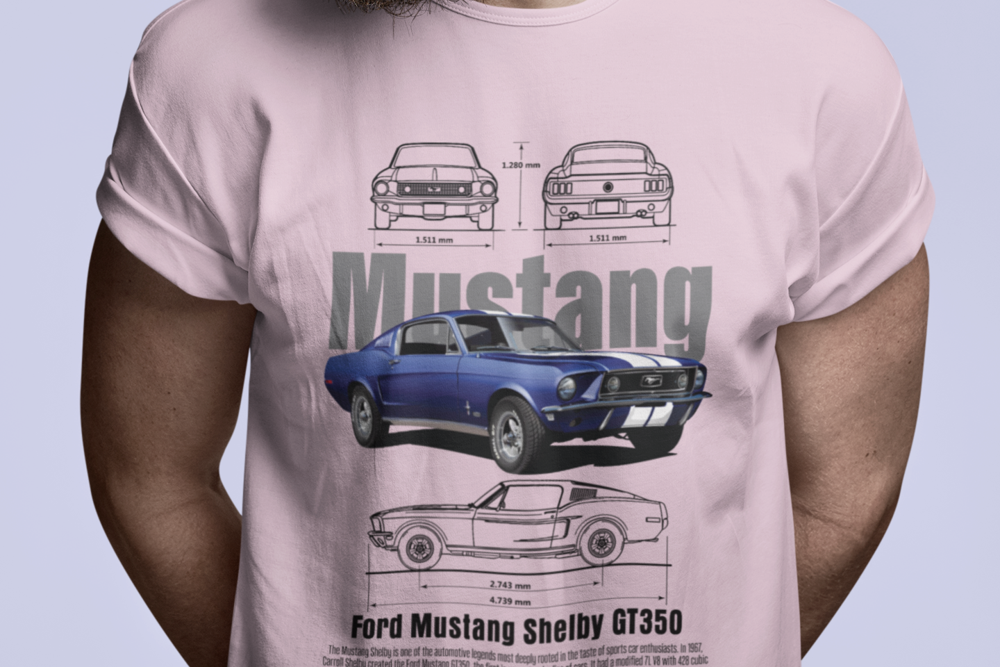 Man wearing a pink t-shirt with Mustang graphic design against a light gray background